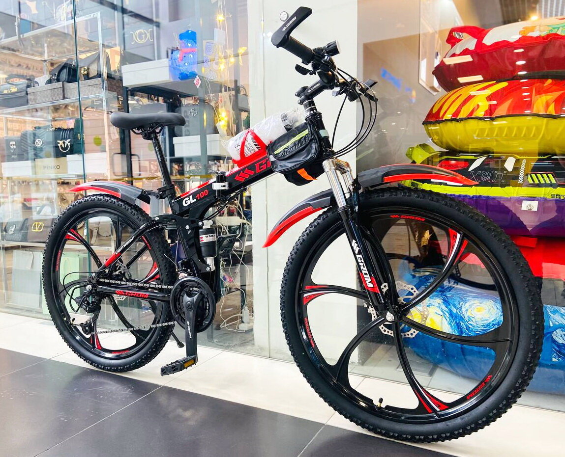 Горный складной велосипед на дисках GROM, городской, 26 дюймов / взрослый, мужской и женский для прогулки / скоростной, спортивный велик для подростков черный/красный