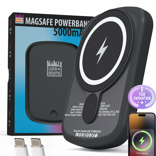 Внешний аккумулятор Luckroute MagSafe Power Bank 5000 mAh для iPhone, черный внешний аккумулятор luckroute magsafe 10 000 mah white