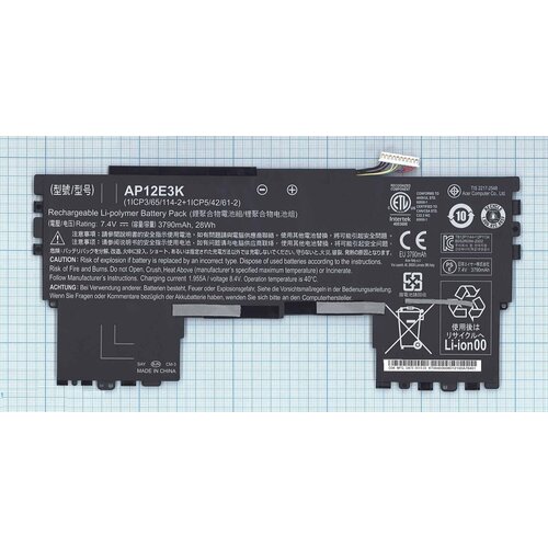 аккумулятор ap12e3k для ноутбука acer aspire s7 191 7 4v 28wh 3780mah черный Аккумулятор для Acer Aspire S7-191, (AP12E3K), 28Wh, 7.4V, 3790mAh