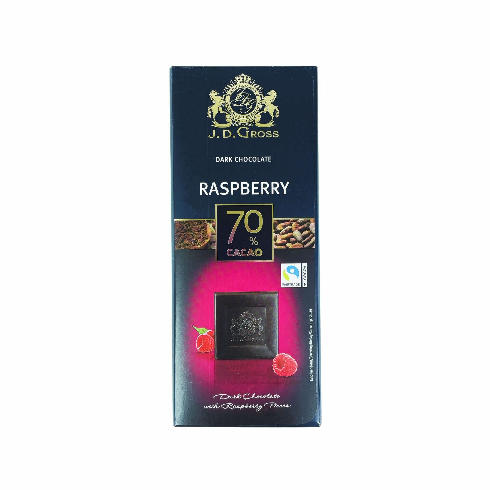 Темный шоколад со вкусом малины, содержание какао 70%, J. D. Gross Dark Chocolate Raspberry, 125гр. Германия