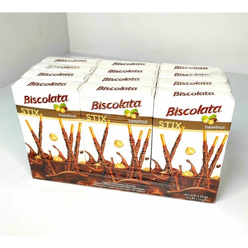 Палочки шоколадные Biscolata, покрытые фундуком, 12 упаковок.