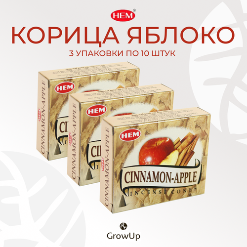 Набор HEM Корица Яблоко - 3 упаковки по 10 шт - ароматические благовония, конусовидные, конусы с подставкой, Cinnamon Apple - ХЕМ