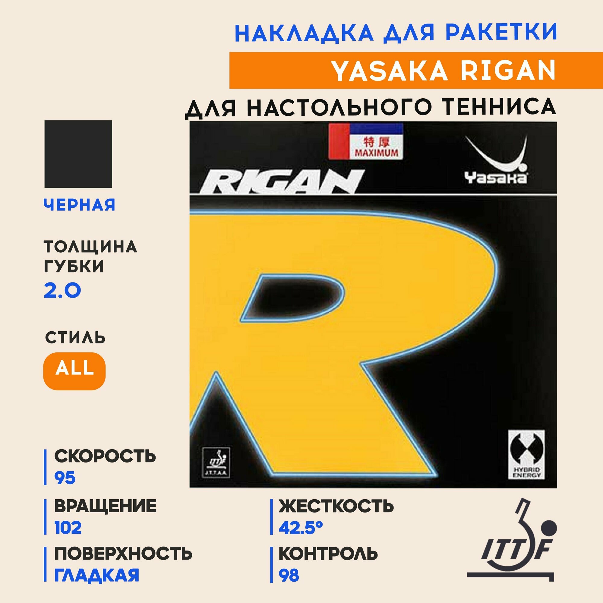 Накладка для ракетки настольного тенниса Rigan (цвет черный, толщина 2.0)