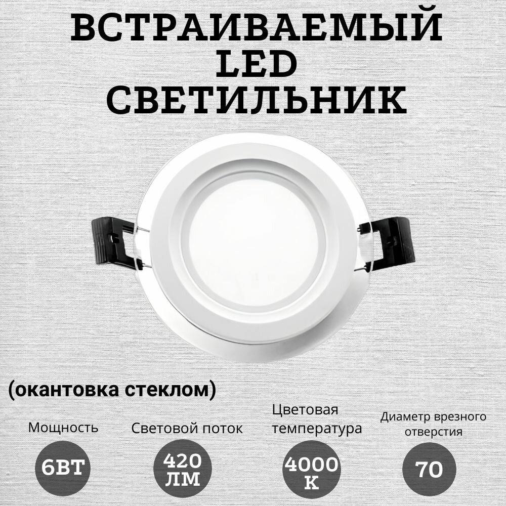 Встраиваемый LED светильник (окантовка стеклом) 6Вт, 4000К
