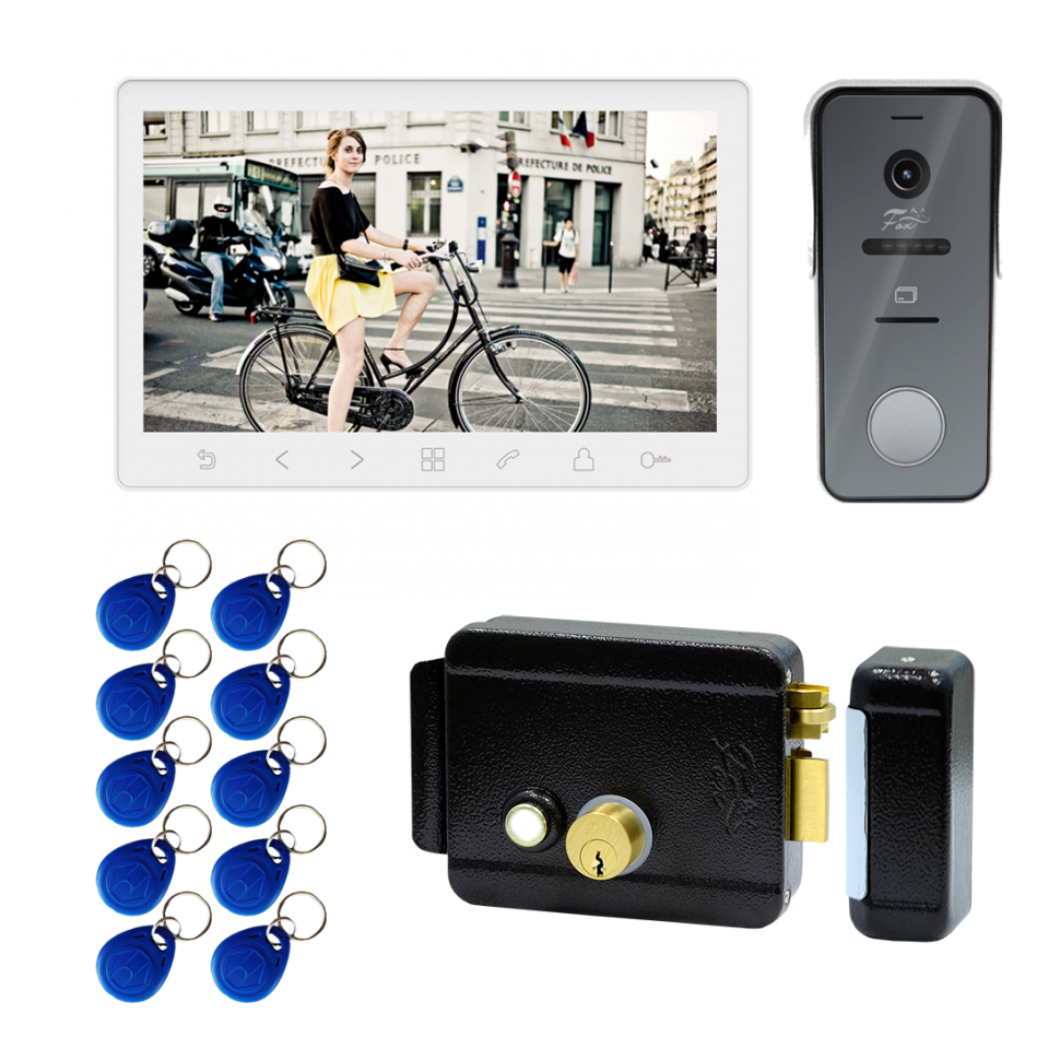 Комплект 7" видеодомофона с замком и электронными ключами (белый)