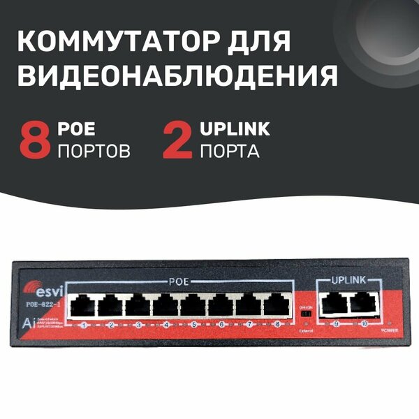 Коммутатор сетевой свитч, POE коммутатор 8 портов + UPlink 2 порта для видеонаблюдения, металлический корпус. ESVI: POE-822-1