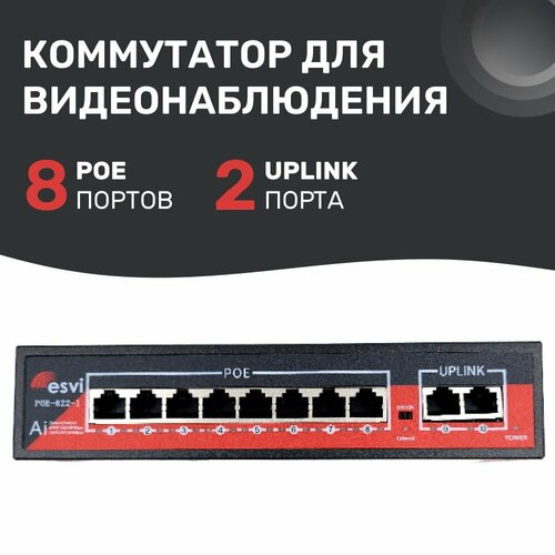 Коммутатор PoE 8 портов + UPlink 2 порта для видеонаблюдения, металлический корпус. ESVI: POE-822-1