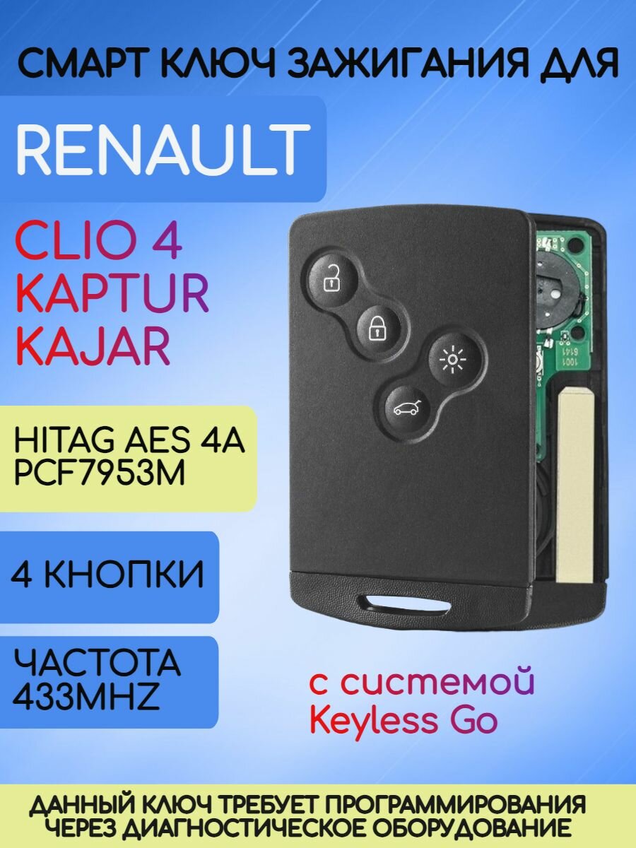 Карта ключ для Рено / Renault c 4 кнопками 433 МГц чип HITAG AES 4A PCF7953M