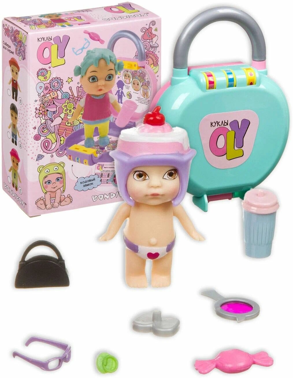 Кукла OLY мальчик-Е во фруктово -конфетной шапочке и аксессуарами в чемоданчике на кодовом замке BOX 11.7*4,8*16 см