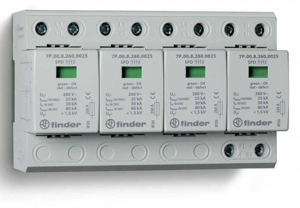 Finder Устройство защиты от импульсных перенапряжений УЗИП тип 1+2 (4 варистор/искровый разрядник); модульный, ширина 144мм; степень защиты IP20 7P0582601025