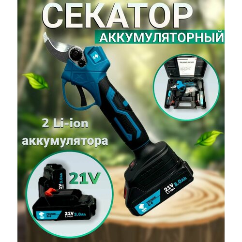 Аккумуляторный секатор для сада, деревьев и кустов, 2 АКБ, 800 ВТ, 10 часов работы, Fang Tools бирюзовый, черный