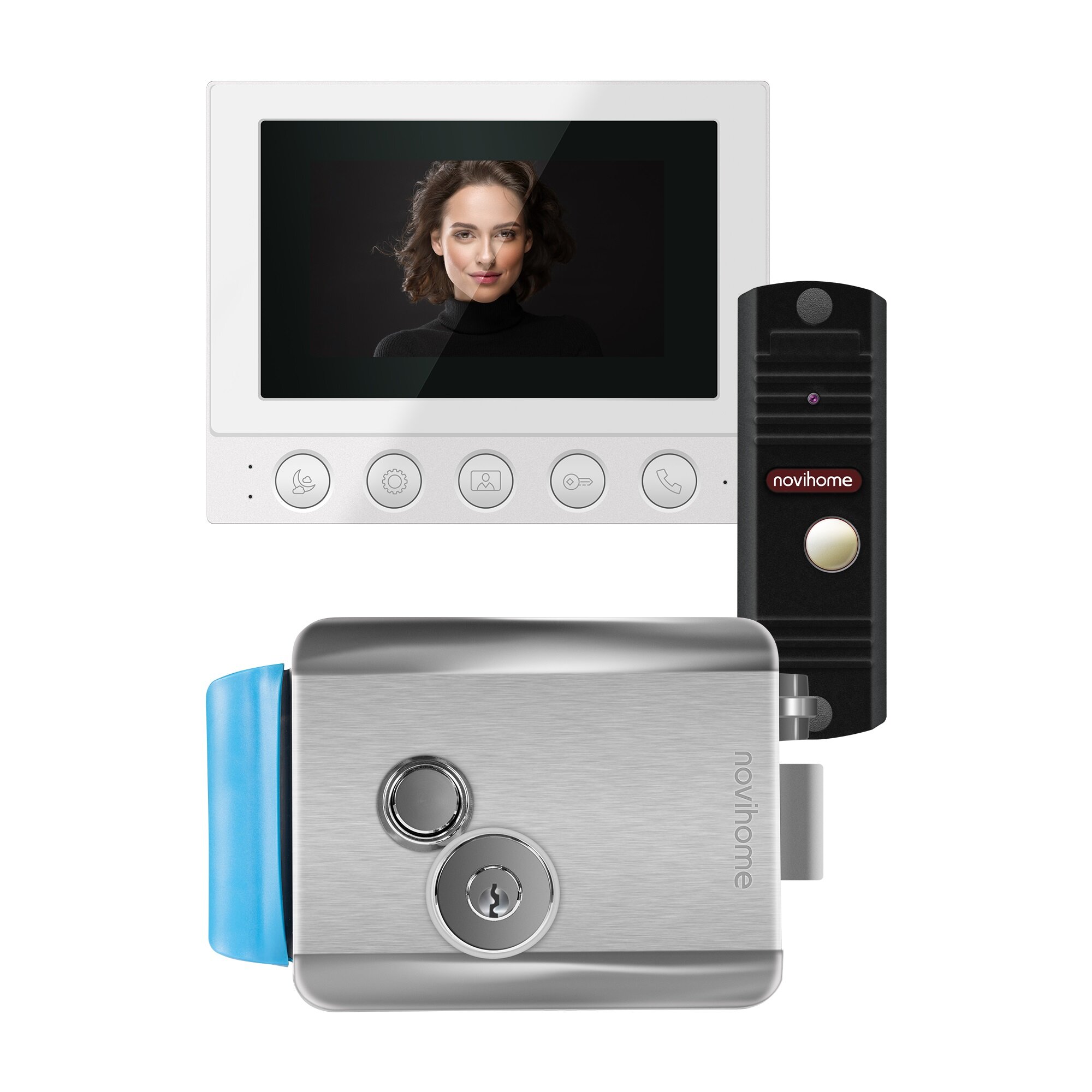 Комплект видеодомофона для частного дома Novihome SIMPLE 4 KIT PLUS: монитор, вызывная панель со встроенным БУЗ, электромеханический замок