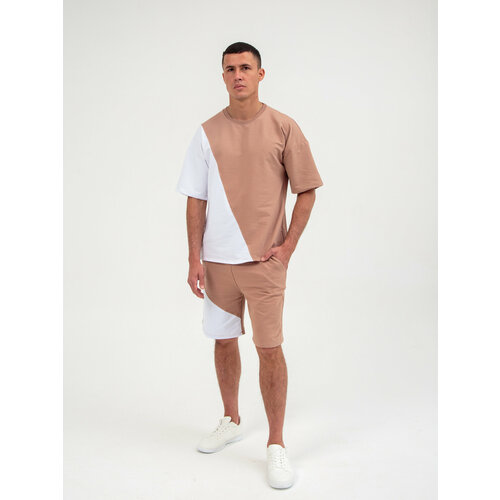 Костюм спортивный Jools Fashion мужской спортивный летний для занятия спортом, шорты майка, размер 54, белый, коричневый