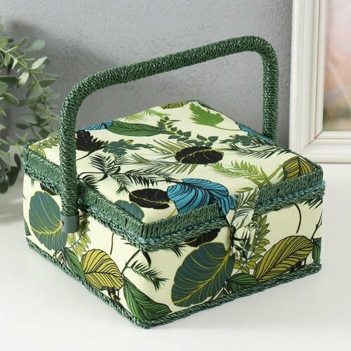 Шкатулка для рукоделия Тропические листья на зелёном 20х20х11 см