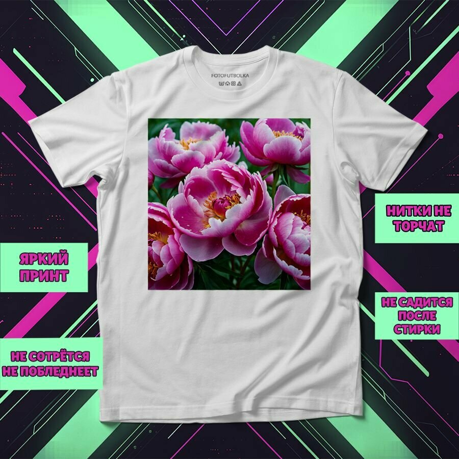 Футболка Розовые пионы 6, размер XL-2XL, белый