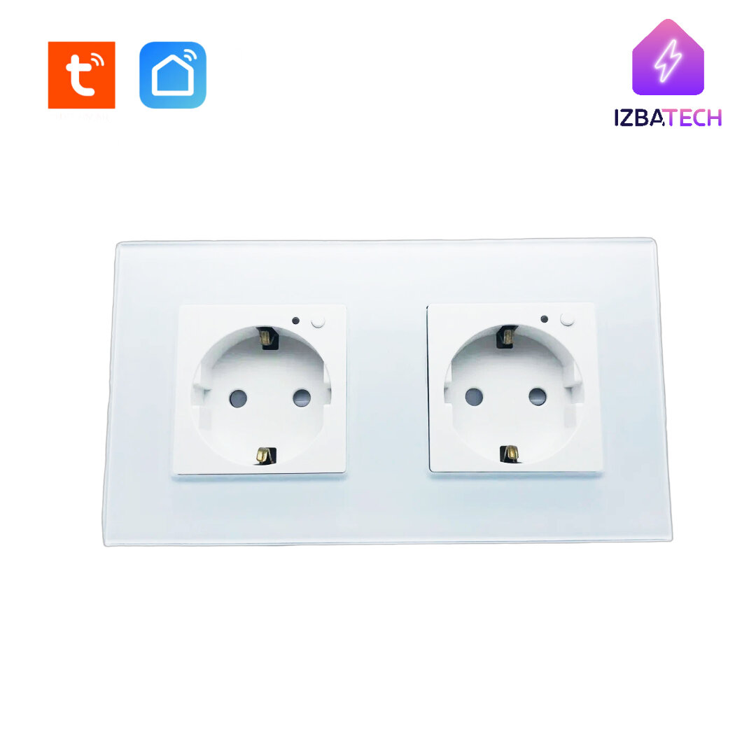 фото Двойная умная розетка для Алисы с WiFi встраиваемая на 16А в стеклянной белой раме