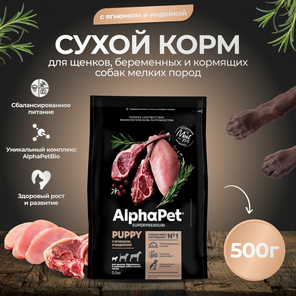 Корм сухой AlphaPet для щенков мини пород с ягненком и индейкой, пак.0,5кг