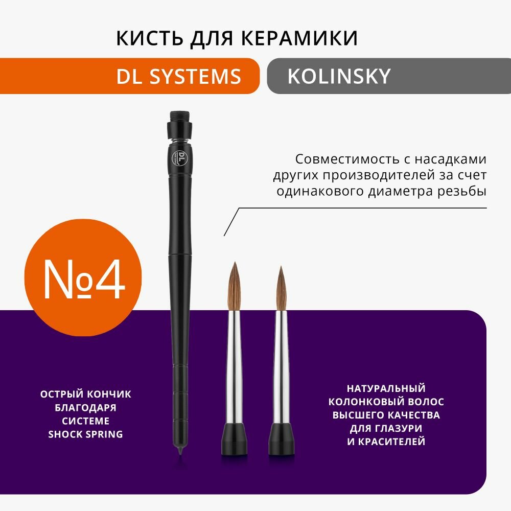 фото Кисть зуботехническая для керамики DL Systems Kolinsky №4, ручка+1 насадка