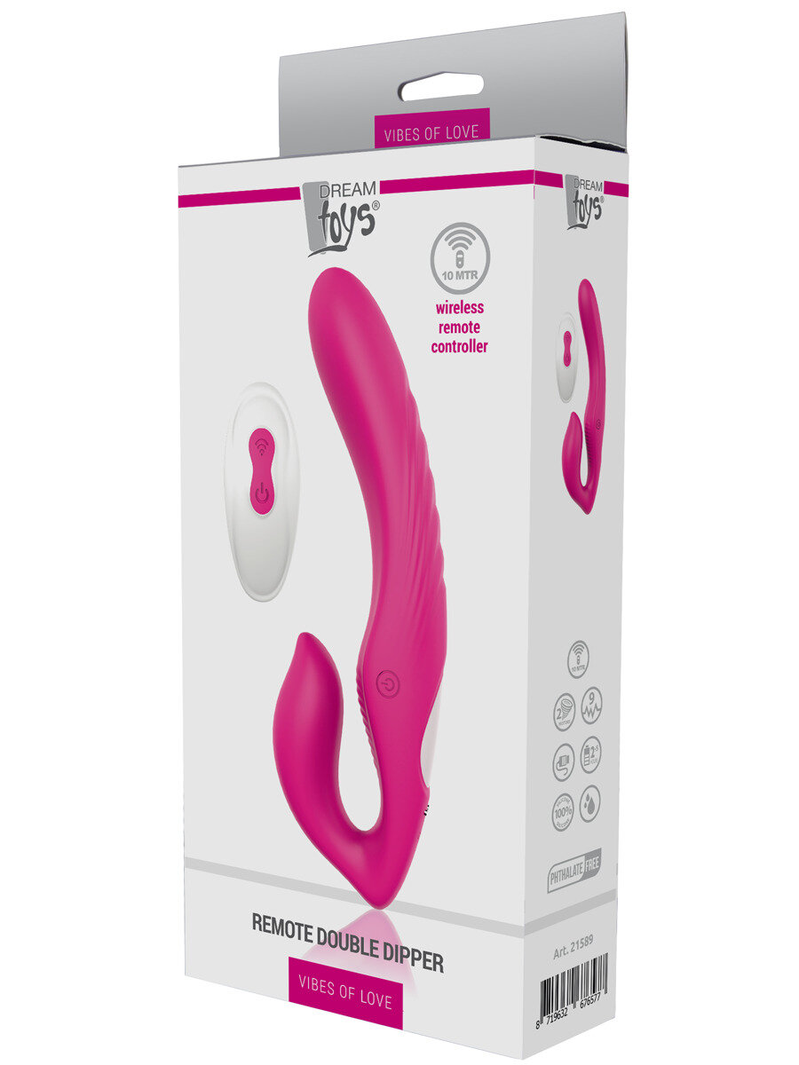 Безремневой женский страпон с вибрацией на дистанционном управлении "VIBES OF LOVE REMOTE DOUBLE DIPPER" 18см