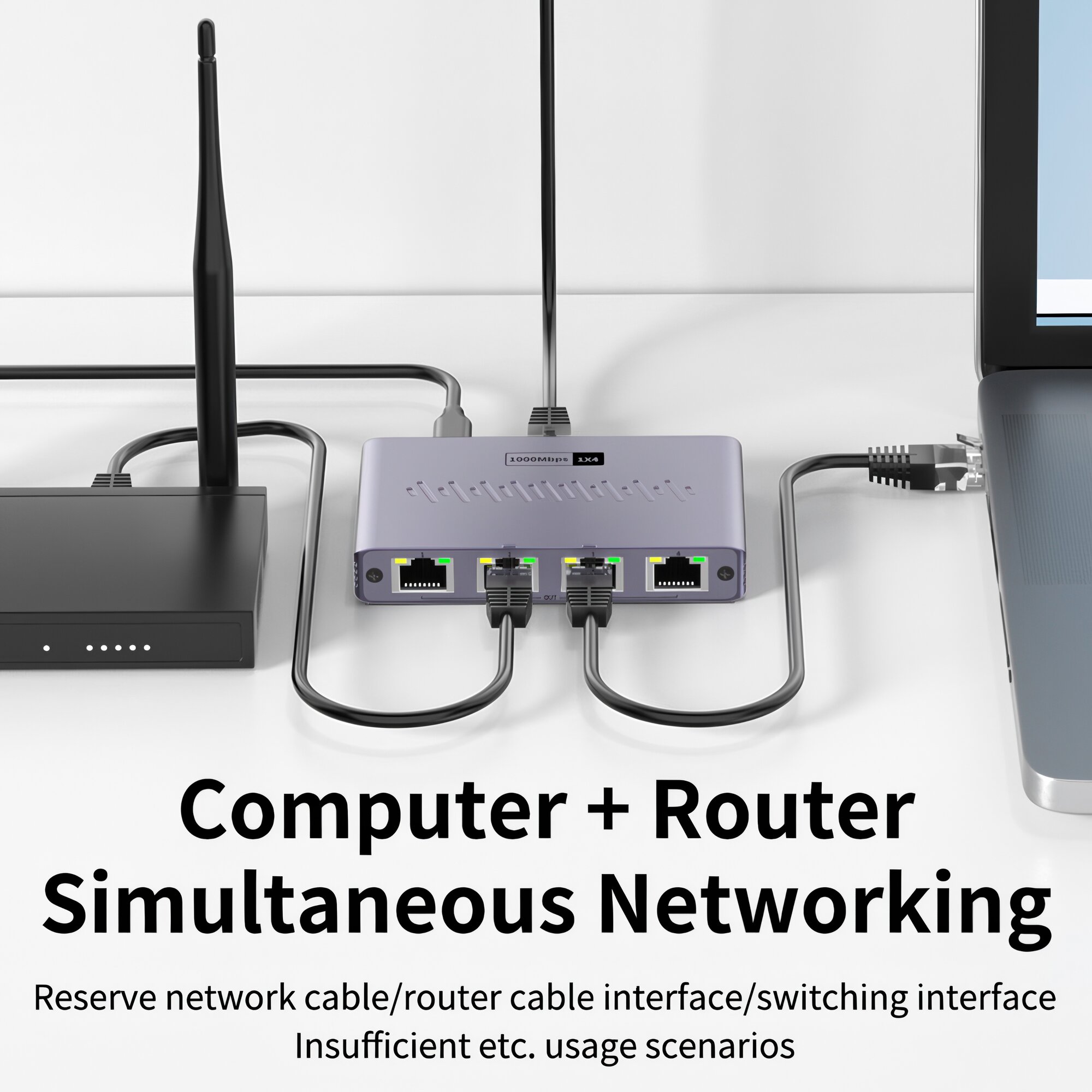 Разветвитель YUCUN RJ-15-1 Gigabit Ethernet, 4 порта, 1000 мбит/c, синий — фото 1