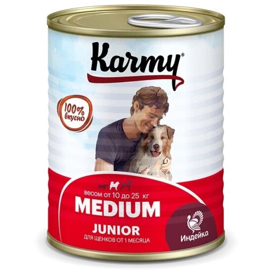 Корм влажный Karmy MEDIUM Junior полнорационный, для щенков средних пород с индейкой, 12шт х340 г.