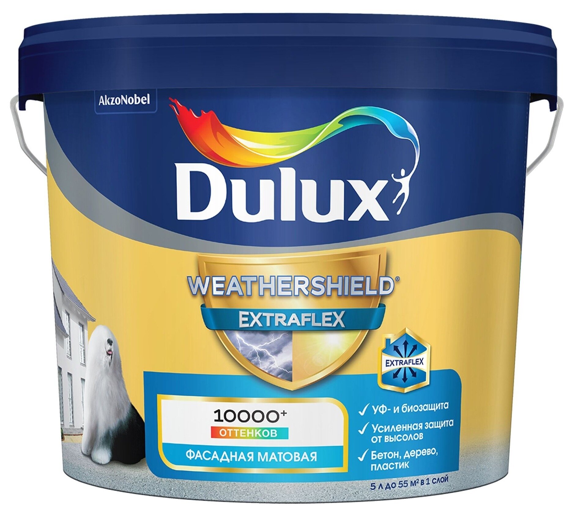 Фасадная краска Dulux / Дулюкс Weathershield Extraflex база BW, атмосферостойкая, акриловая, белая/матовая, 5л / лакокрасочные материалы