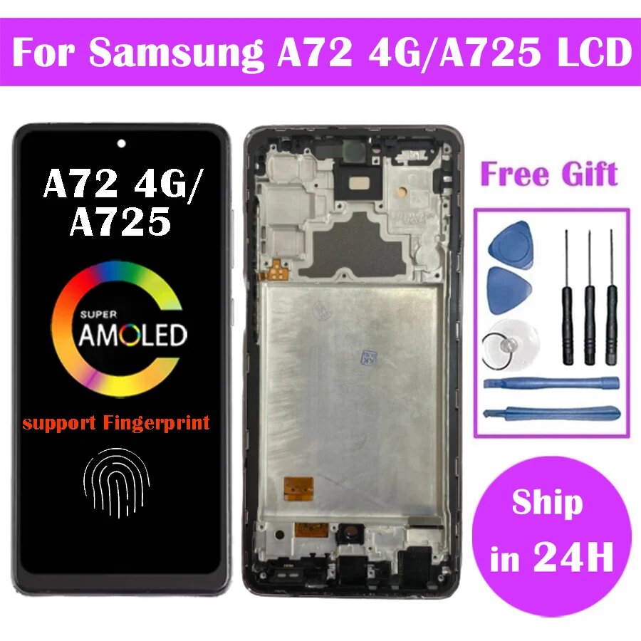 Super AMOLED для Samsung A72 4G дисплей с дигитайзером сенсорного экрана в сборе для Samsung A725F A725F/DS A725M ЖК-дисплей, Black with Frame