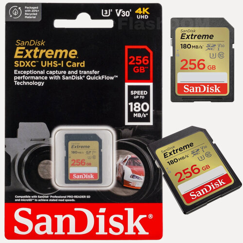Изображение товара Карта памяти SanDisk Extreme SDXC 256 ГБ Class 10 UHS-I U3 V30 (R/W 180/130 Mb/s)