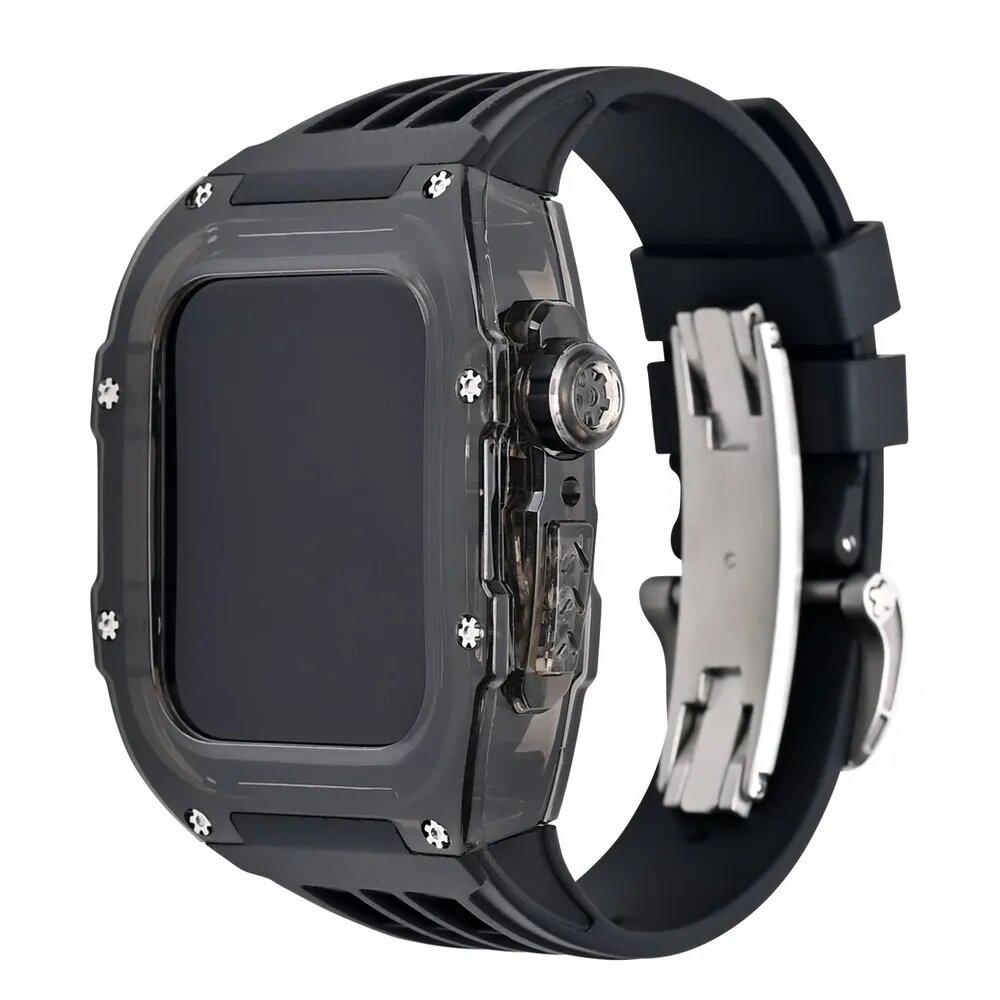 Модифицированный чехол Richard RM для Apple Watch Series 9 8 7 SE 6 5 4, PC корпус и ремешок с пряжкой-бабочкой из фторкаучука для Apple Watch 44/45 мм, Прозрачный черный корпус-черный ремешок