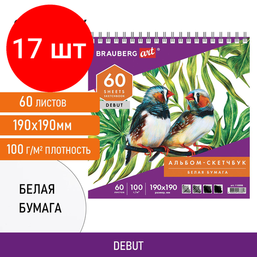 Комплект 17 шт, Скетчбук, белая бумага 100 г/м2, 190х190 мм, 60 л, гребень, жёсткая подложка, BRAUBERG ART DEBUT, 110998 комплект 100 шт скетчбук белая бумага 100 г м2 105х148 мм 60 л гребень жёсткая подложка brauberg art debut 110997