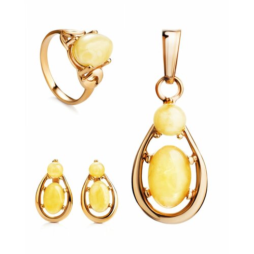фото Комплект бижутерии: кольцо, серьги, подвеска, янтарь, бежевый amberhandmade