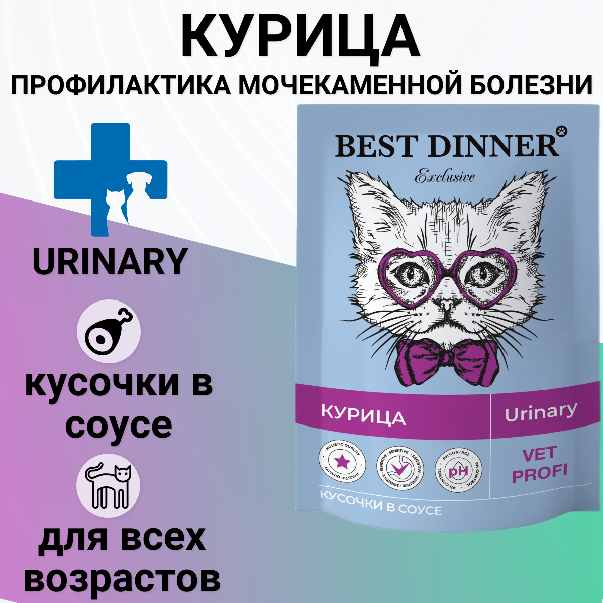 Влажный корм Best Dinner Exclusive Vet Profi Urinary для кошек кусочки в соусе с курицей для профилактики МКБ 85гр