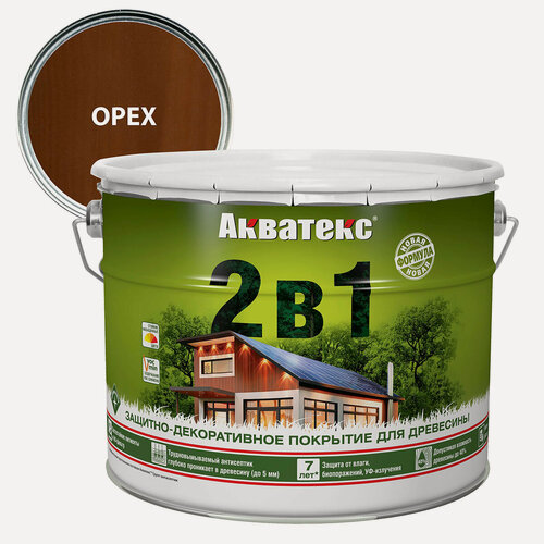 Изображение товара Защитно-декоративное покрытие Акватекс 2 в 1 для древесины алкидное полуматовое лессирующее, орех 9л
