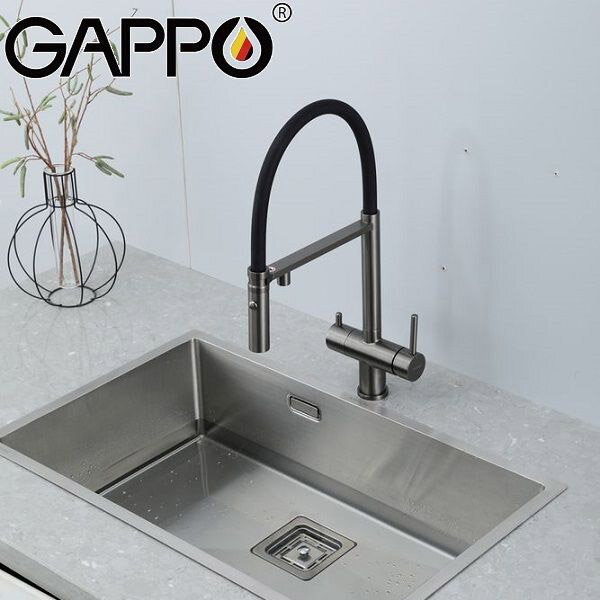 Смеситель для кухонной мойки Gappo G97-89 G4397-89 с подключением фильтра питьевой воды и гибким изливом, оружейная сталь