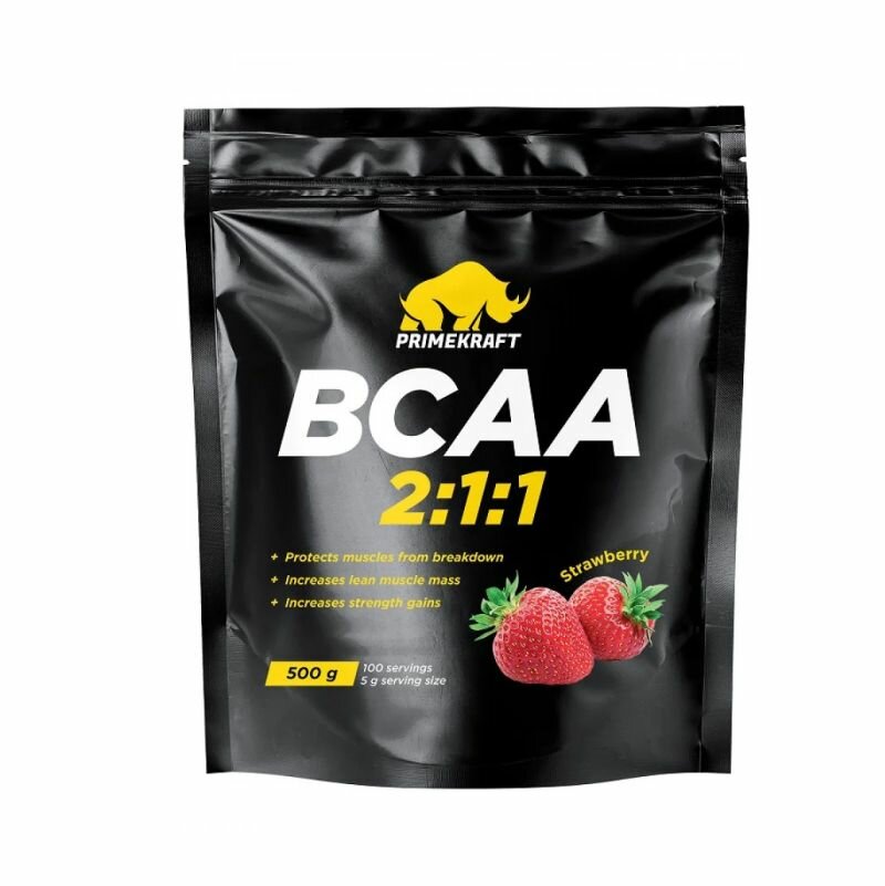 BCAA порошок спорт питание, Аминокислоты BCAA 2:1:1 Prime-Kraft, 500 гр, вкус: клубника