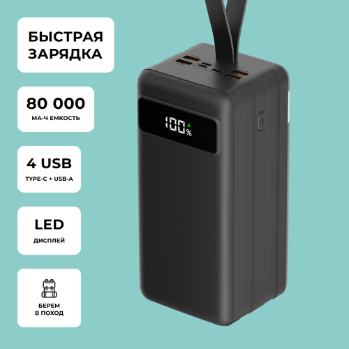 Внешний аккумулятор NRG Turbo V2 80000 mAh, 22.5 Вт (QC, PD, AFC, FCP, SCP, MTK PE), чёрный с дисплеем, Deppa, крафт, черный, Deppa 33643-OZ