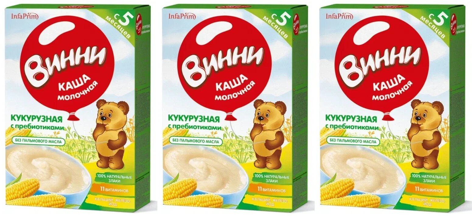 Каша сухая молочная Винни, кукурузная, с пребиотиками, для детей с 5 месяцев, 200 гр, 3 упаковки