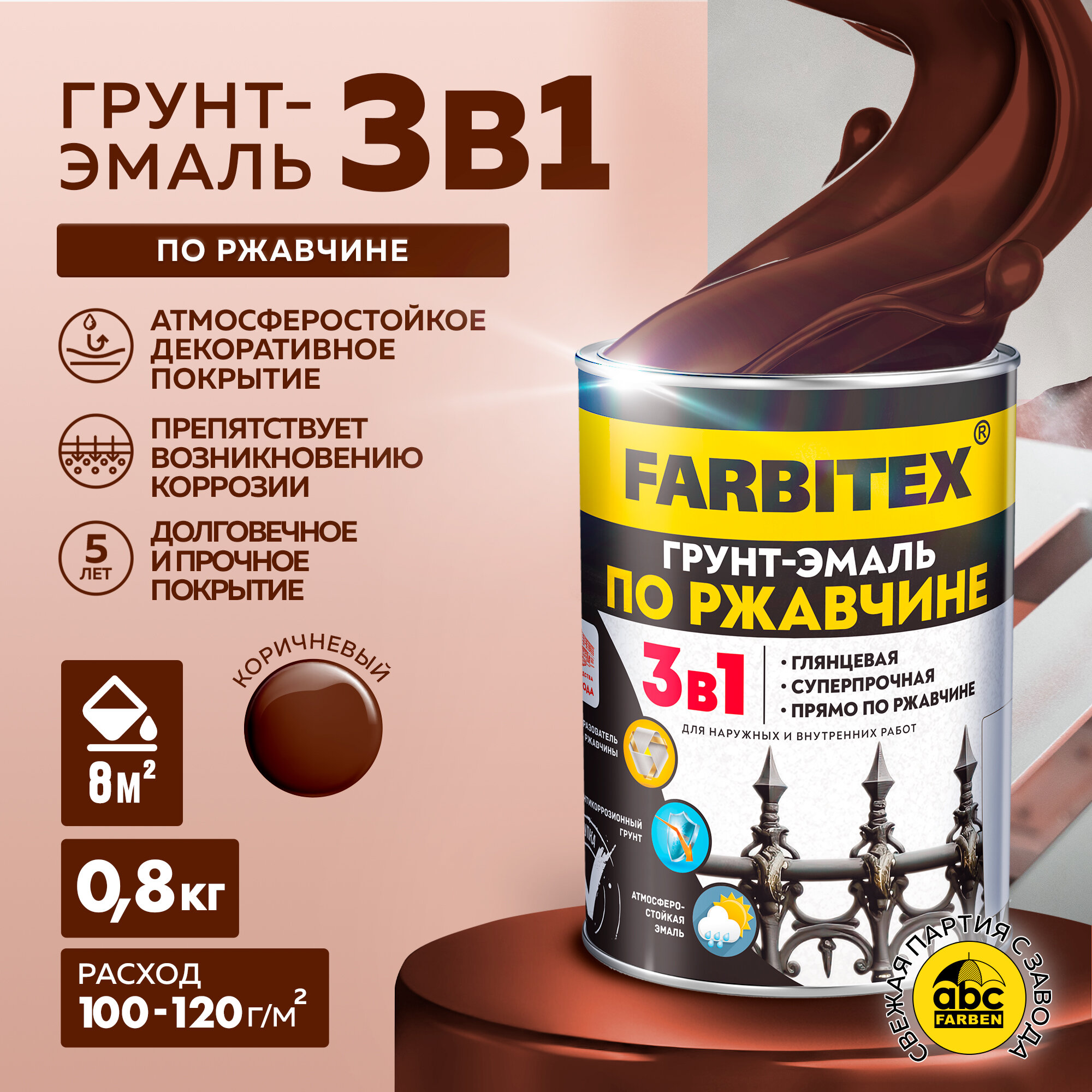 Грунт-эмаль по ржавчине 3 в 1 FARBITEX Серый 5 кг