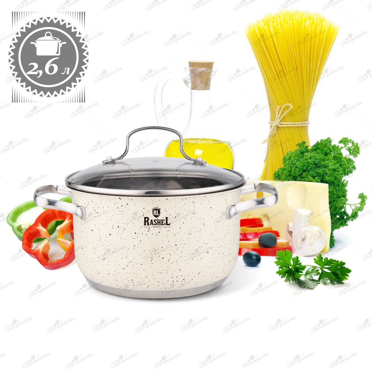 фото Кастрюля из нержавеющей стали с крышкой 2,6 л Rashel с антипригарным каменным гранитным покрытием для газовых электрических и индукционных плит