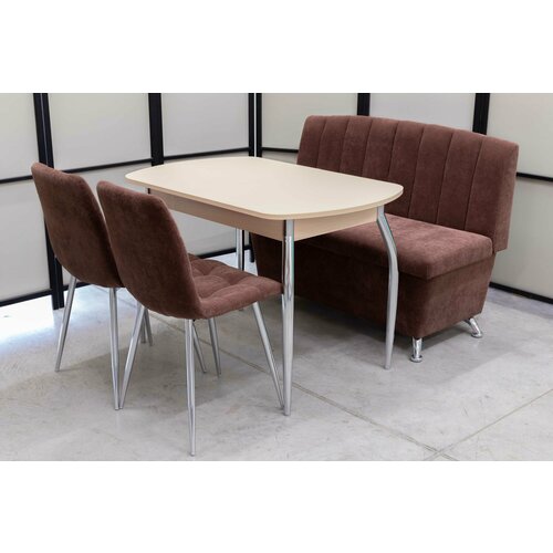 Обеденная группа Альт-6 Дуо, стол кремовый матовое стекло, 110(140)х70 см, обивка дивана антивандальная, моющаяся, антикоготь, цвет шоколад.