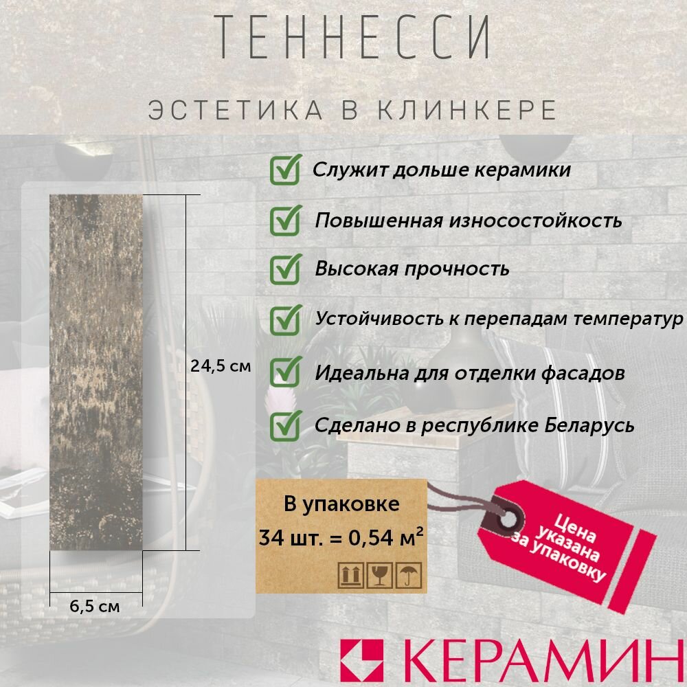 фото Керамическая клинкерная плитка для стен Теннесси 2Т 24,5х6,5 (упак 0.54 м. кв.)
