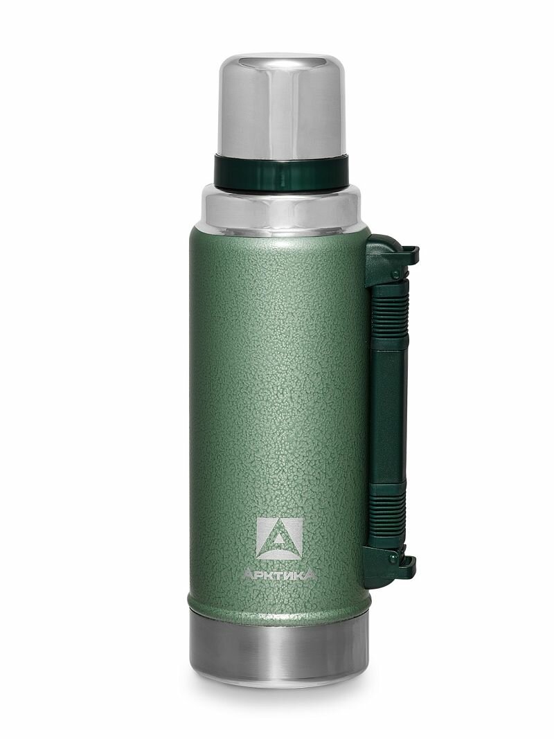 Термос 1,25л для напитков Арктика 106-1250P туристический с ручкой, для охоты и рыбалки, крышка-кружка, защитное покрытие, зеленый