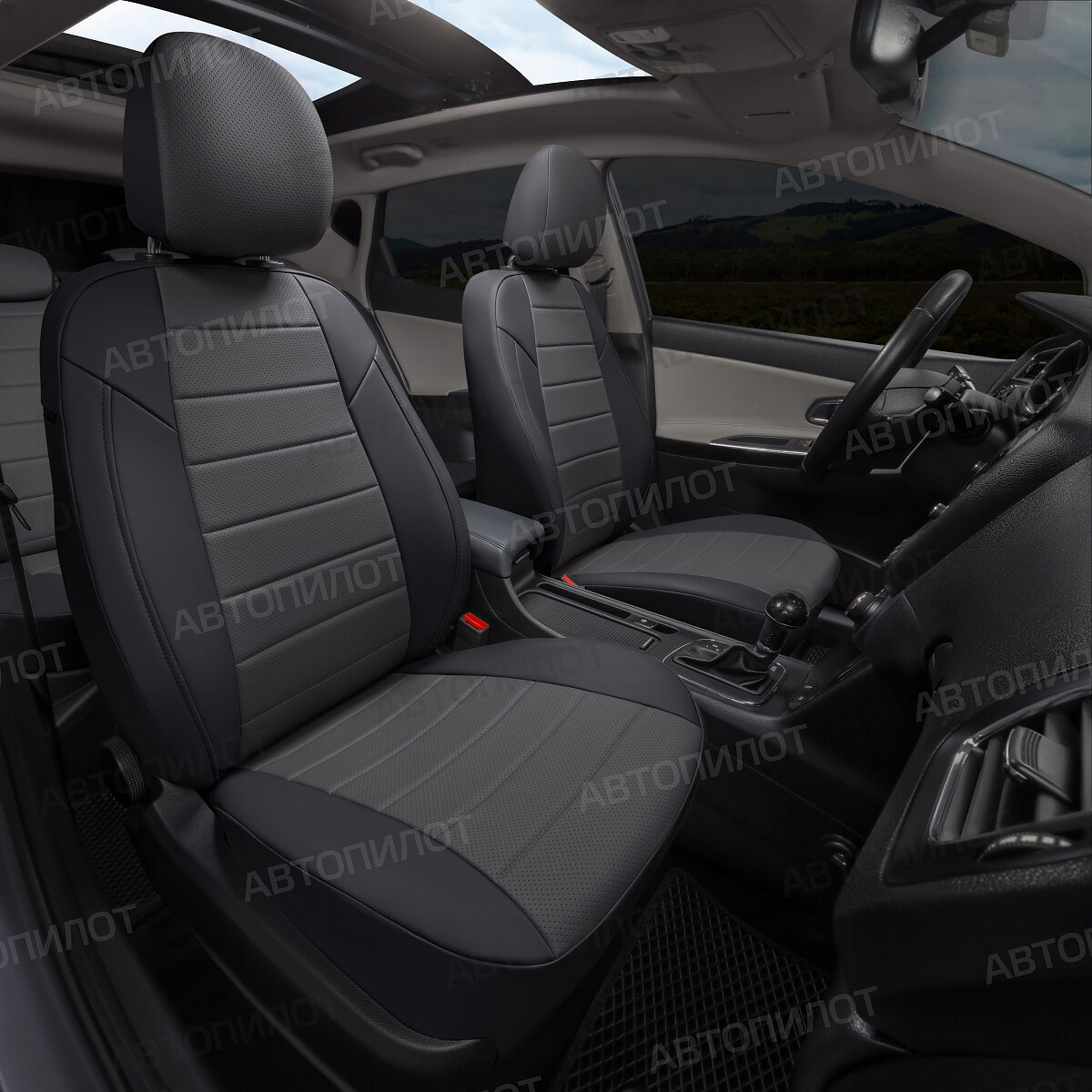 Чехлы Автопилот для Volkswagen Golf Plus с 04-14г. / Tiguan I с 07-16г. (без столиков). Экокожа, черный, темно серый.