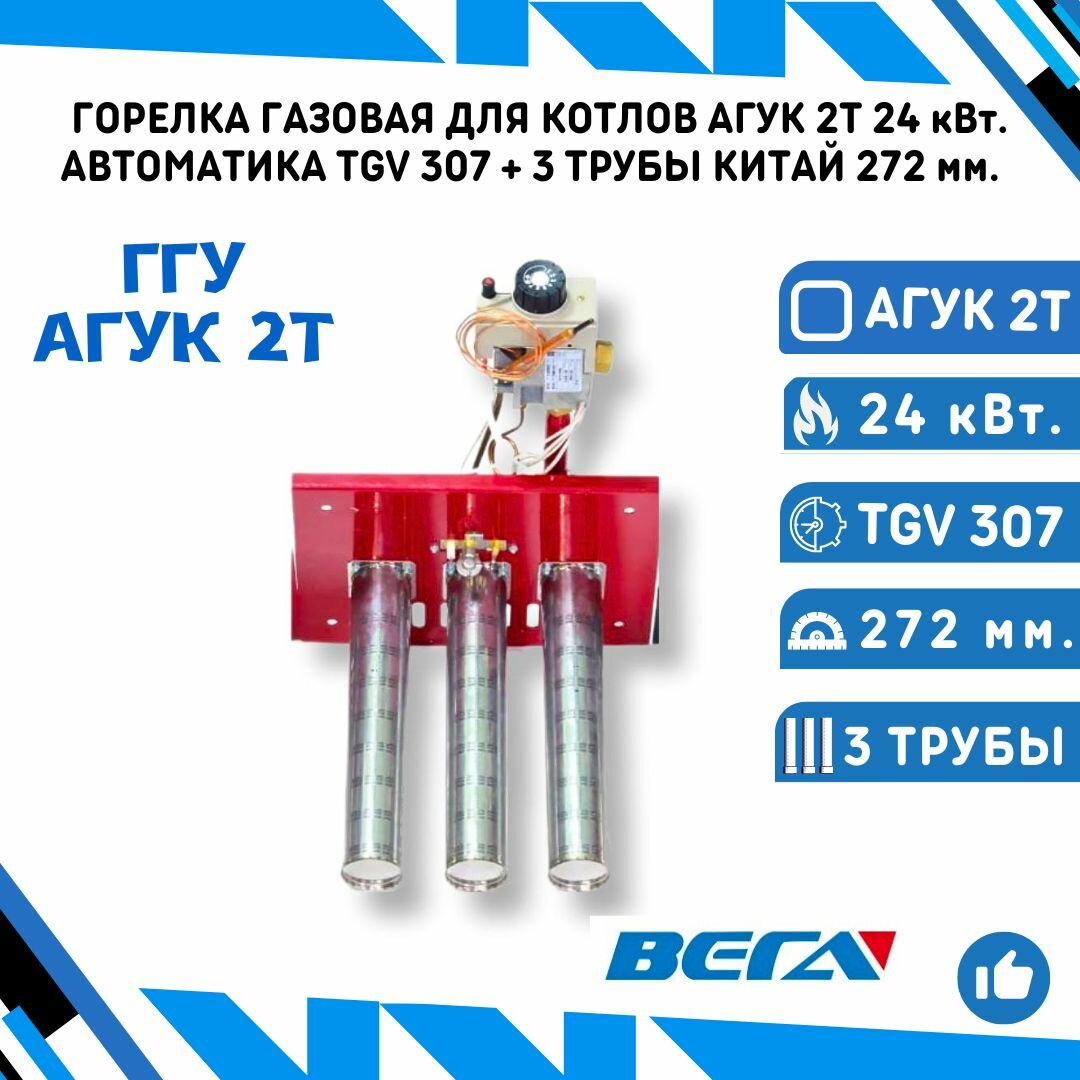 Газовая горелка для газовых котлов ГГУ агук 2Т 24 кВт. с автоматикой TGV 307 + Китай 272 мм. (3 рожка)