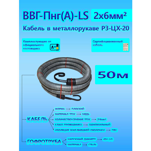 Кабель ВВГ-Пнг(А)-LS 2х6 ОК 0,66 кВ ГОСТ в металлорукаве Р3-ЦХ-20 d20 (50 м) универсальный L-фаза