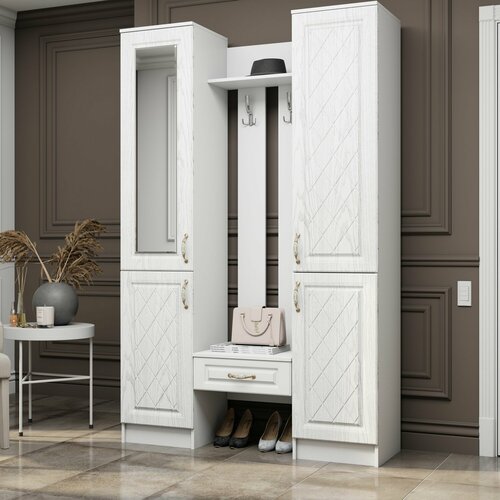 Прихожая комплект Либерти МДФ от Линаура, с зеркалом, шкафом, полками и ящиком 130x203x36 см. Белый/Белое дерево