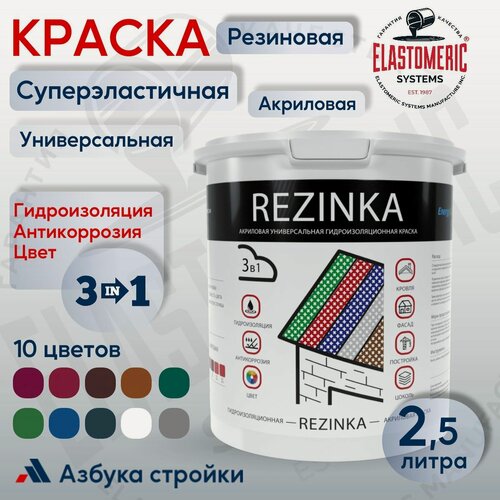 Изображение товара Краска резиновая REZINKA универсальная акриловая эластичная для фасадов, интерьера, мебели, кровли, цоколей, моющаяся, быстросохнущая, без запаха, матовая 2,5л RAL 3005 винно-красный