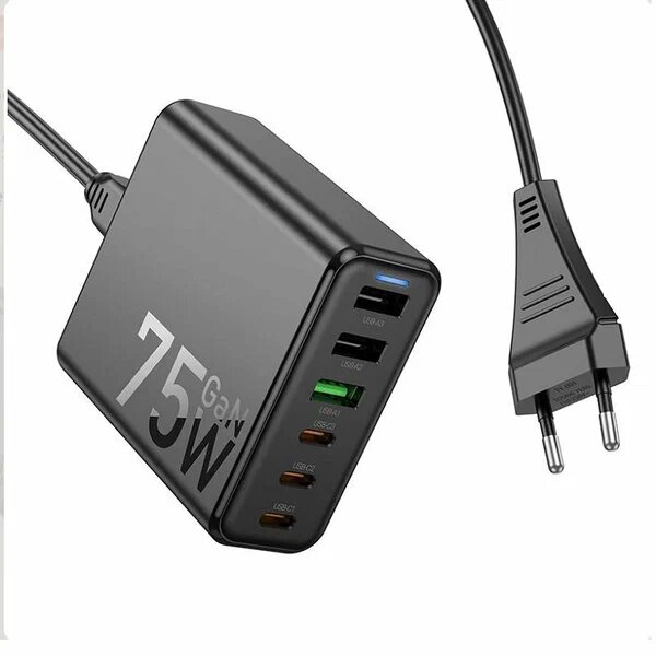 Сетевое зарядное устройство Адаптер Блок питания 3USB+3Type-C USB-C / QC3.0+PD45W 75W черное