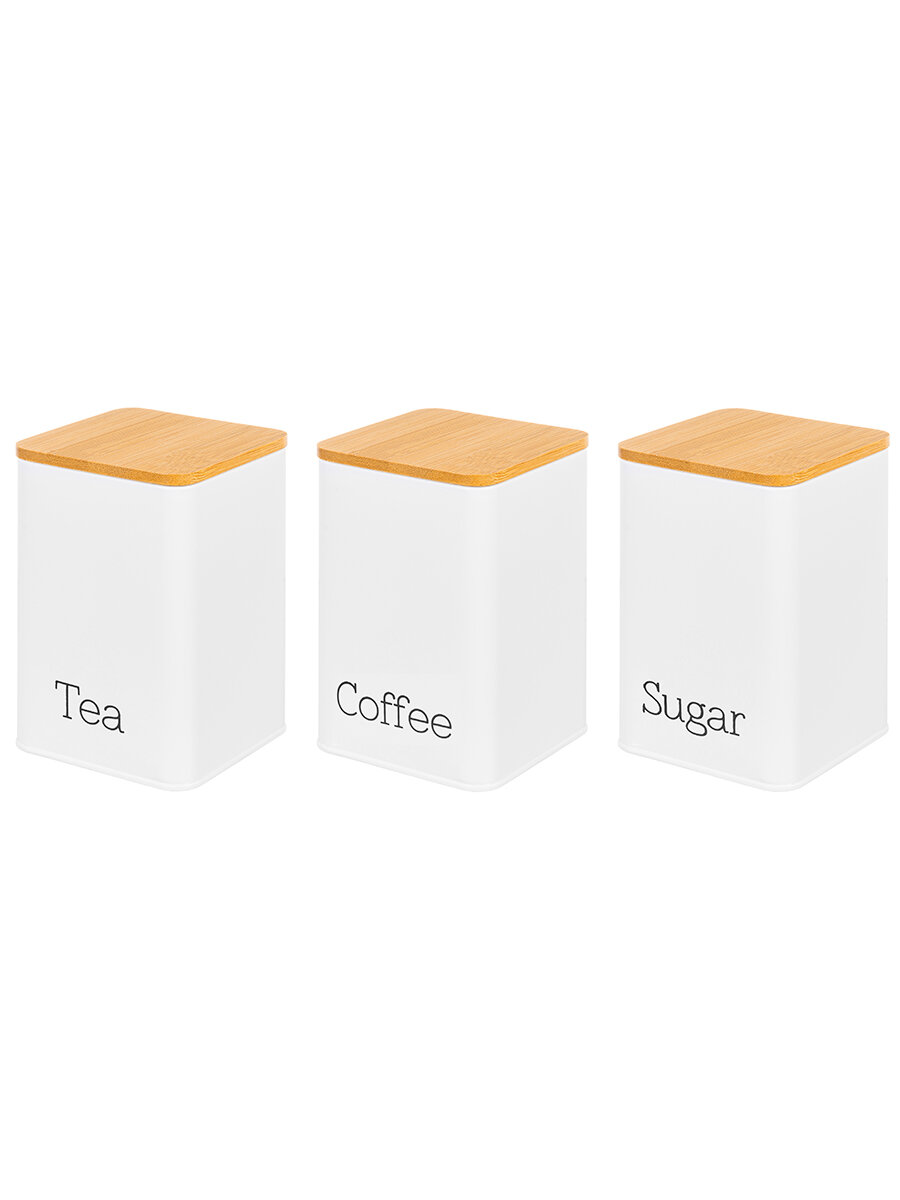 Набор 3 банок для хранения сыпучих продуктов 1,1 л Elan Gallery "Tea, coffee, sugar", металл, белый, с крышками — фото 1