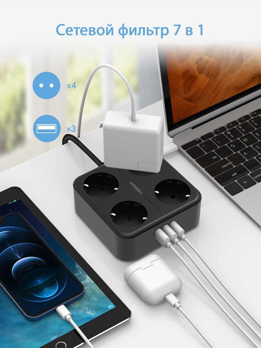 Сетевой фильтр TESSAN 4 евророзетки 220В и 3 USB и кн. питания, 2500Вт, до 10А, кабель - фото №6